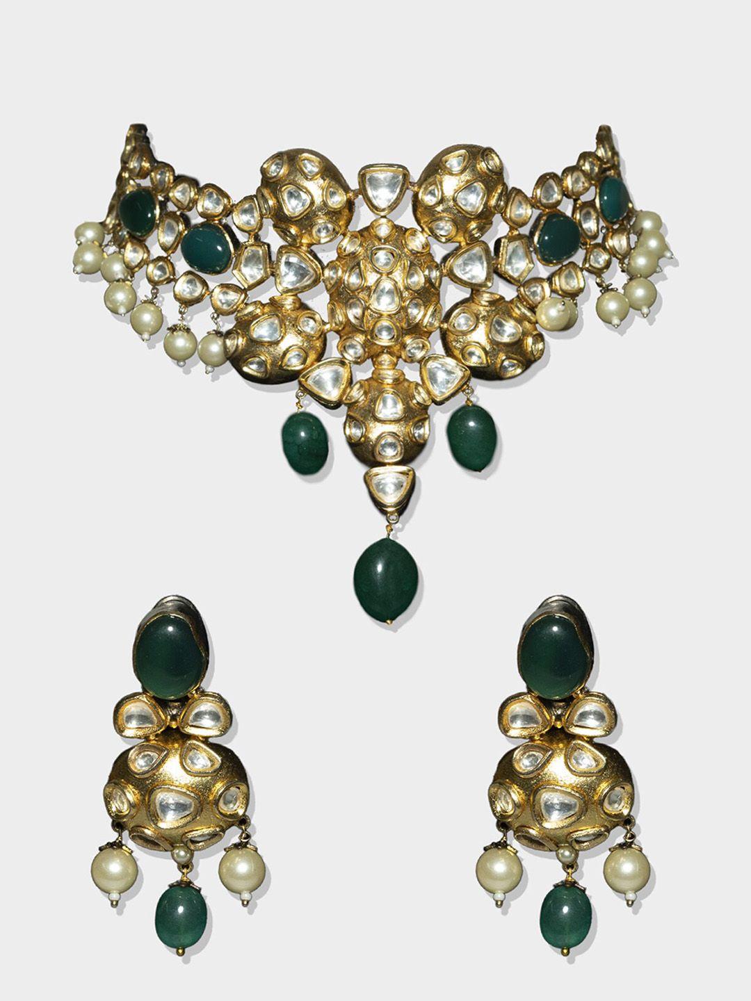 auraa trends gold-plated green kundan studded jewellery set