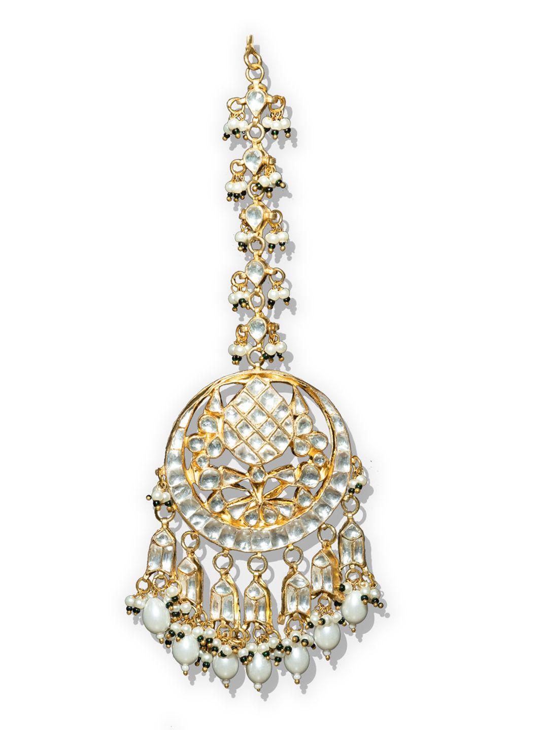 auraa trends gold-plated white kundan studded & pearl beaded mangtika