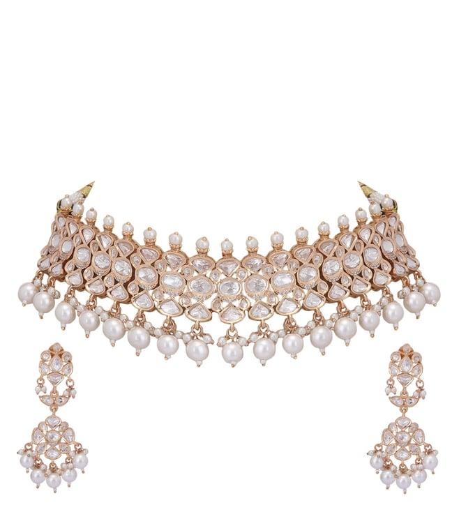 auraa trends gold tone kundan & pearls choker necklace set with jhumka earrings