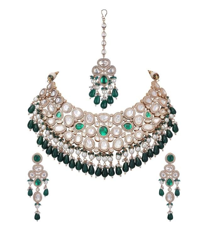 auraa trends green polki bridal necklace with earrings and mangtika