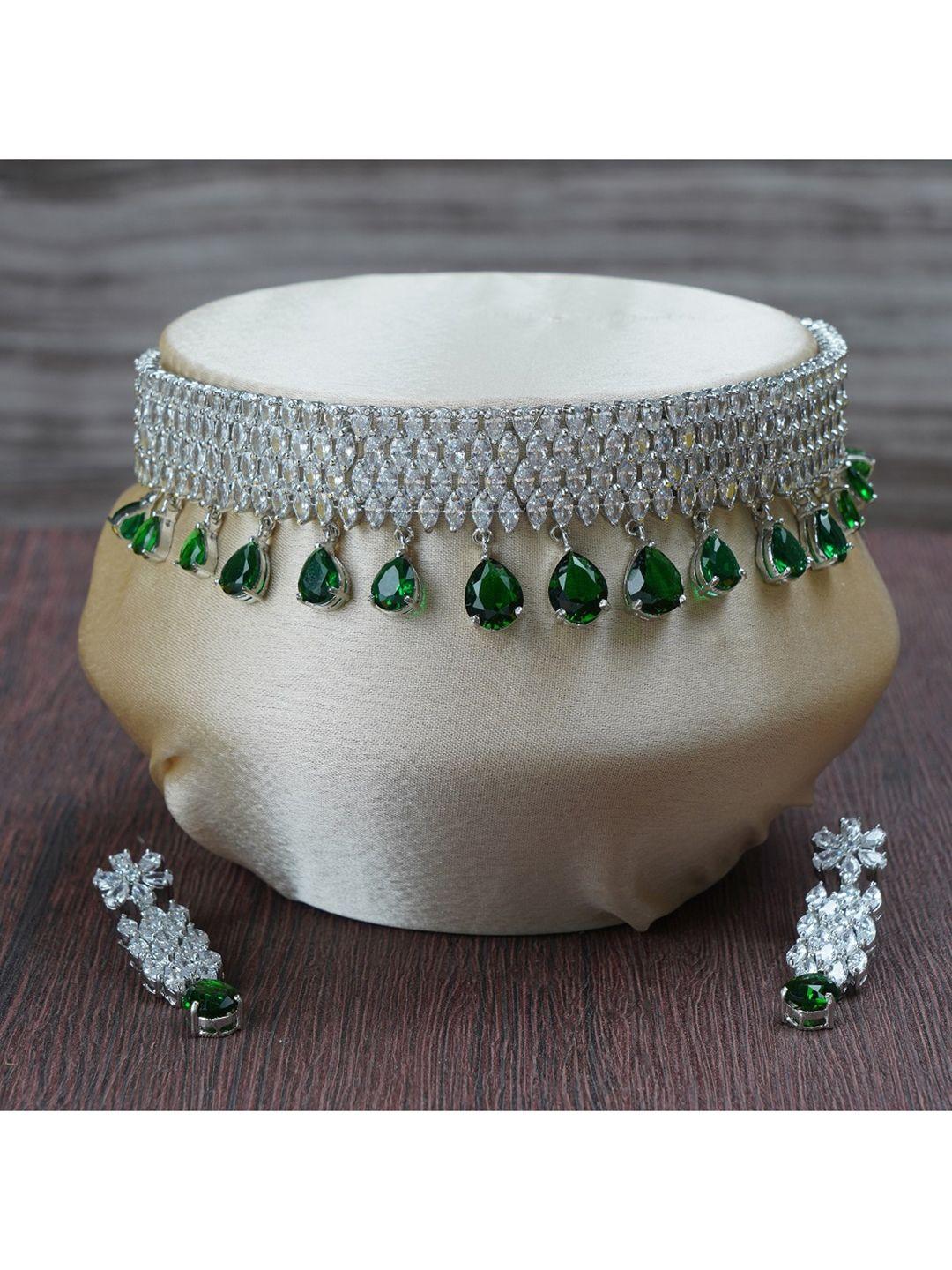 auraa trends rhodium-plated green ad studded choker necklace jewellery set