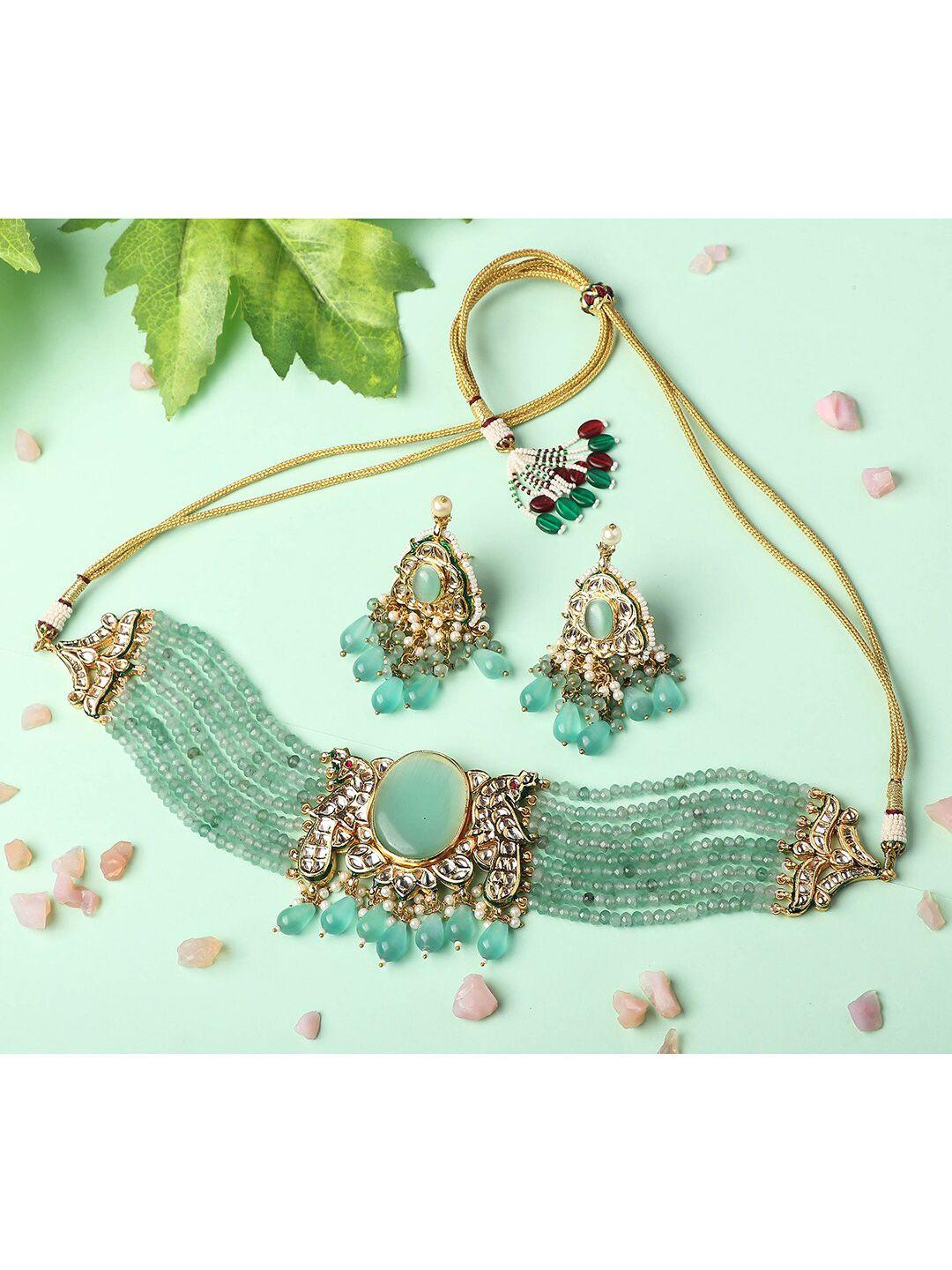 auraa trends women gold-plated sea green kundan studded pearl beaded jewellery set
