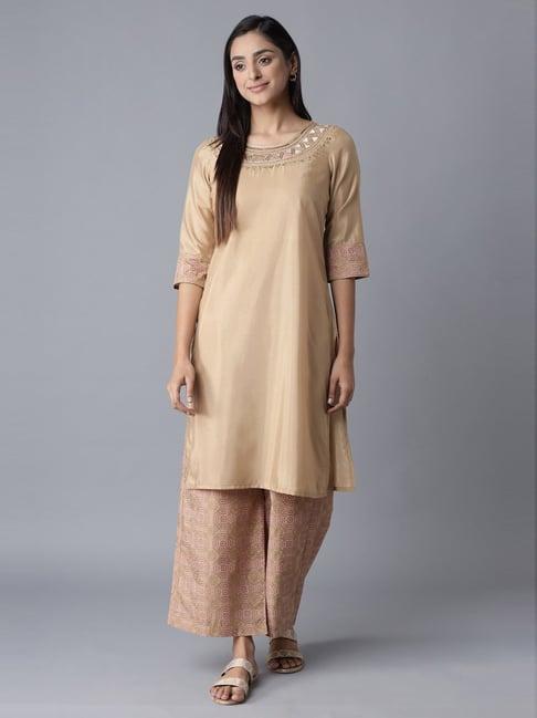 aure by aurelia beige embroidered kurta palazzo set