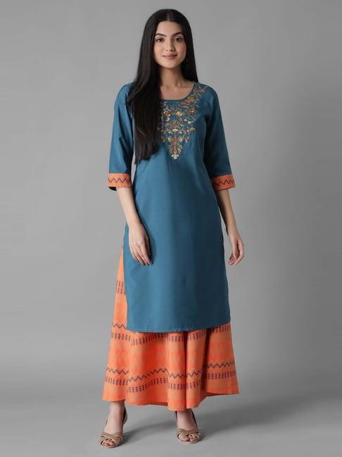 aure by aurelia blue & orange embroidered kurta culottes set