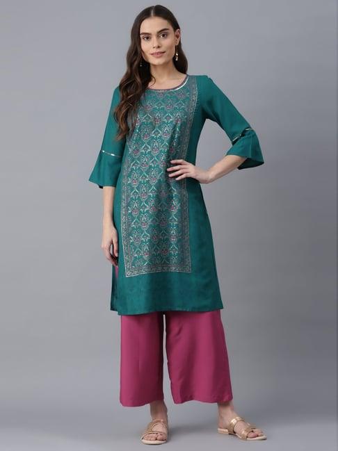 aure by aurelia blue & pink printed kurta palazzo set