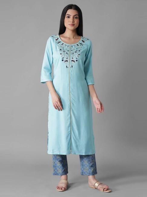 aure by aurelia blue embroidered kurta pant set