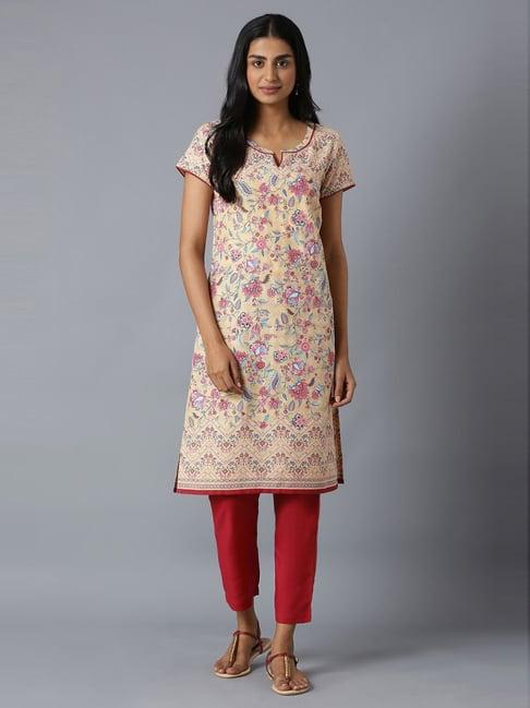 aure by aurelia cream & red printed kurta pant set