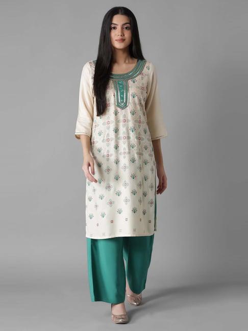 aure by aurelia off-white & green embroidered kurta palazzo set