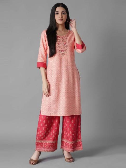 aure by aurelia pink & red embroidered kurta palazzo set