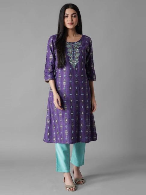 aure by aurelia purple & blue embroidered kurta pant set