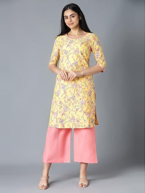 aure by aurelia yellow & peach printed kurta palazzo set