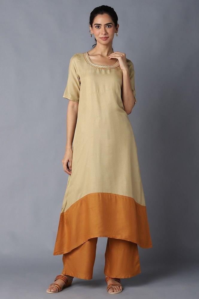 aure collection by aurelia beige and tawny olive colour block kurta with palazzo set