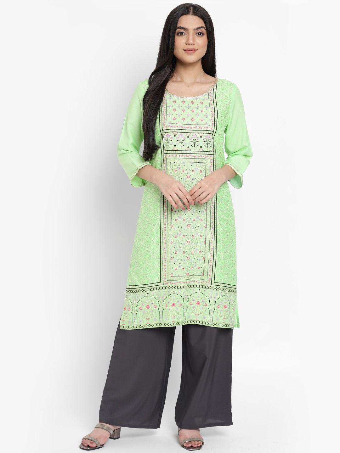 aurelia - the aure collection women green & charcoal grey ethnic motifs print sequinned kurta with palazzos