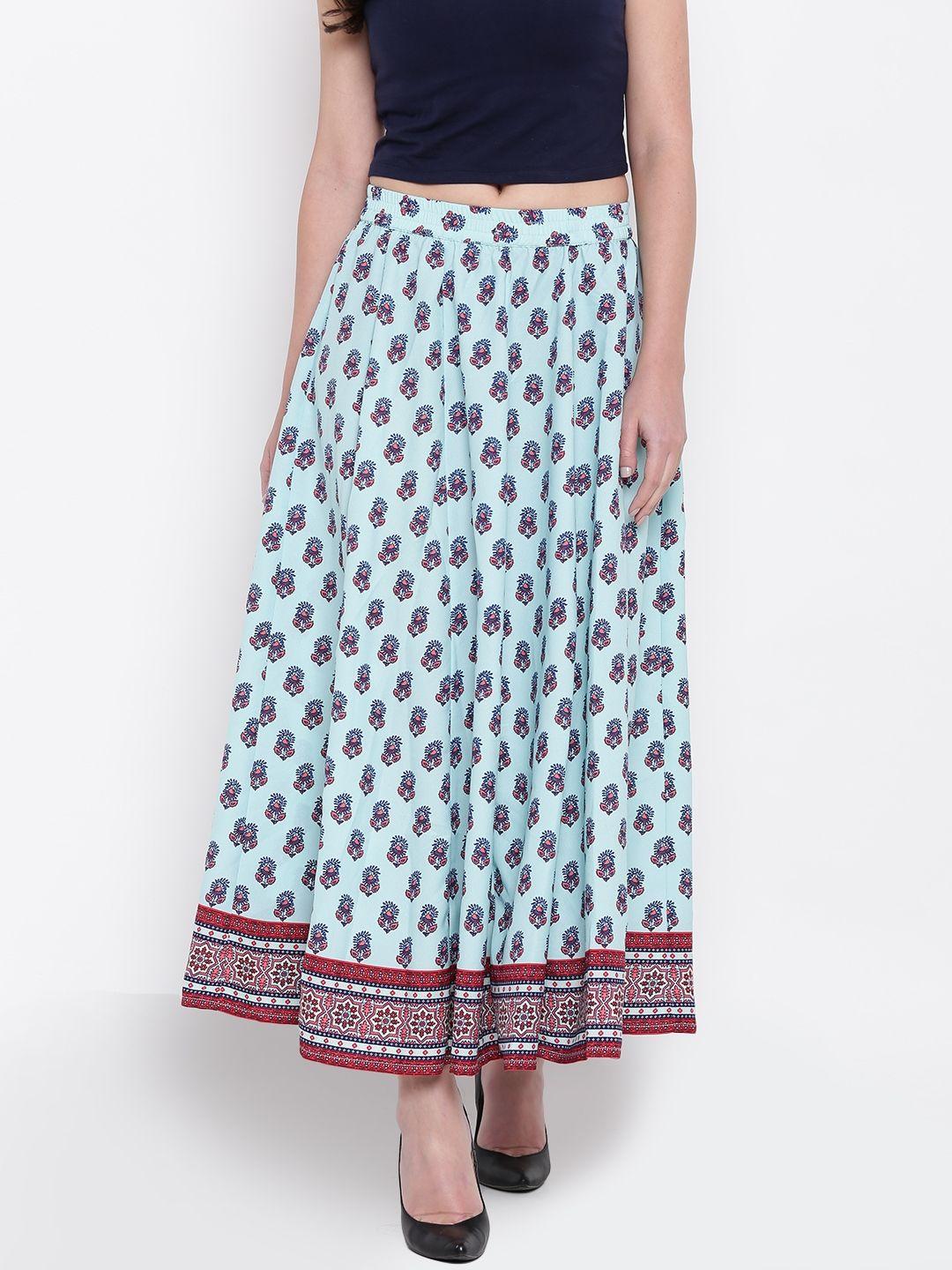 aurelia blue & coral pink printed maxi flared skirt