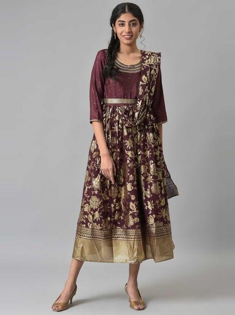 aurelia brown printed a-line dress with drape