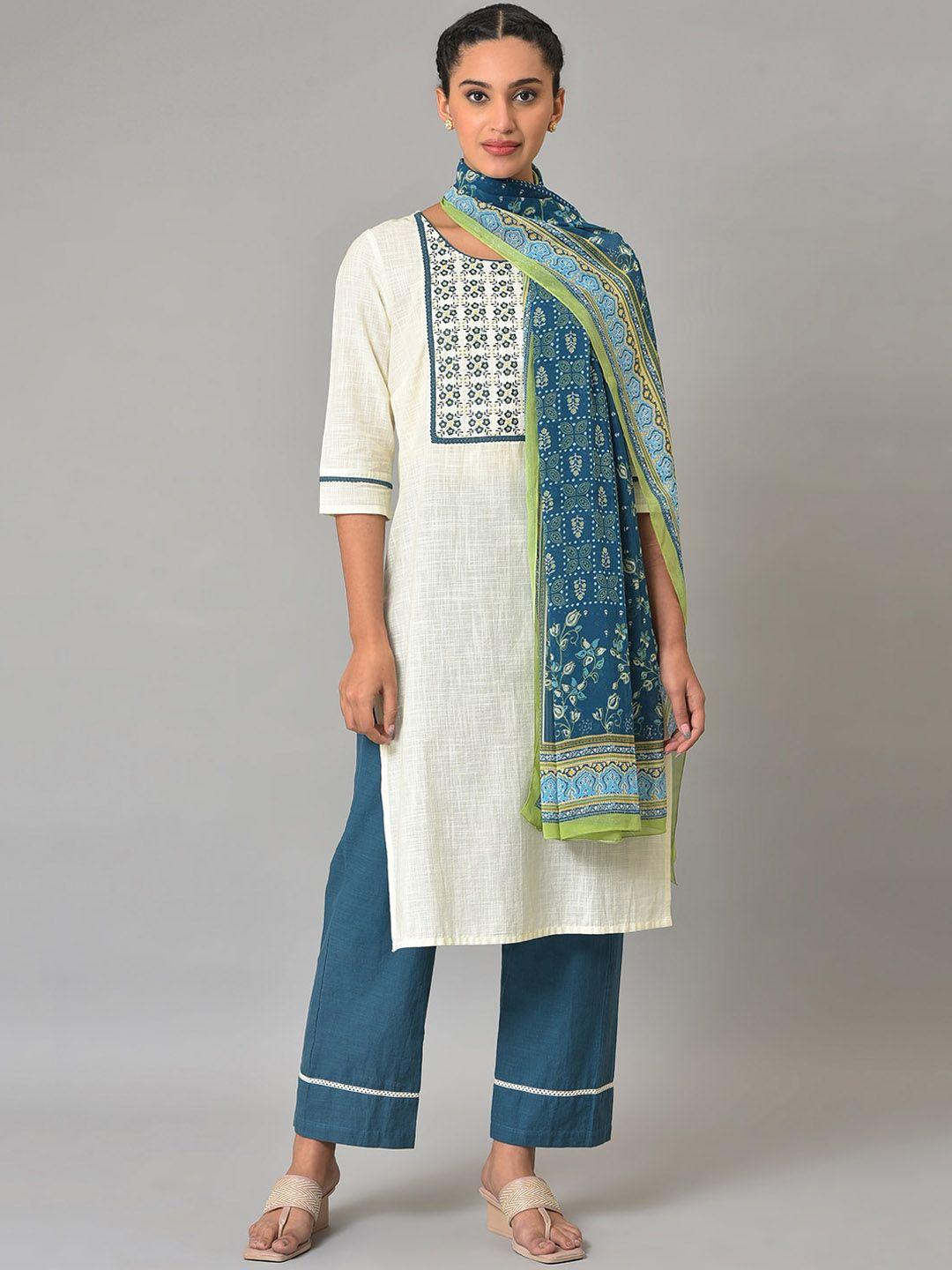 aurelia floral embroidered pure cotton kurta with trousers & dupatta