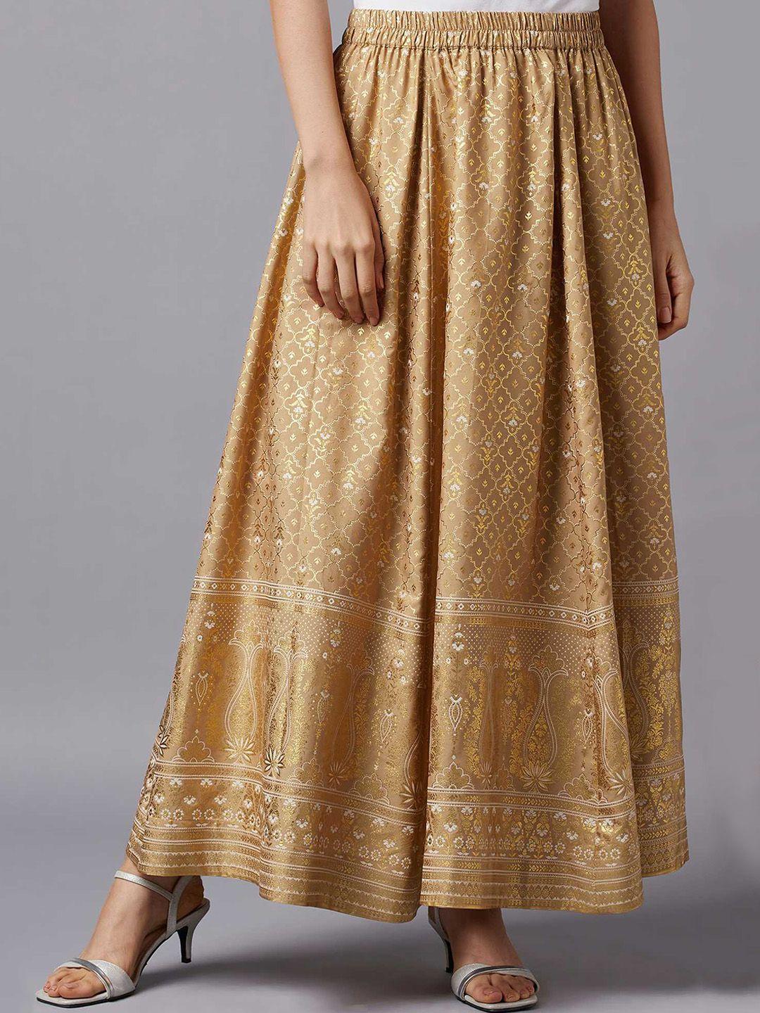 aurelia gold-coloured ethnic motifs printed flared maxi skirt
