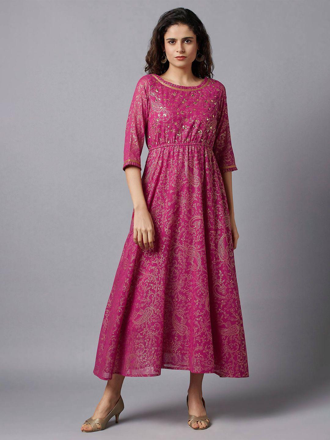 aurelia pink ethnic motifs embellished three-quarter sleeves maxi dress