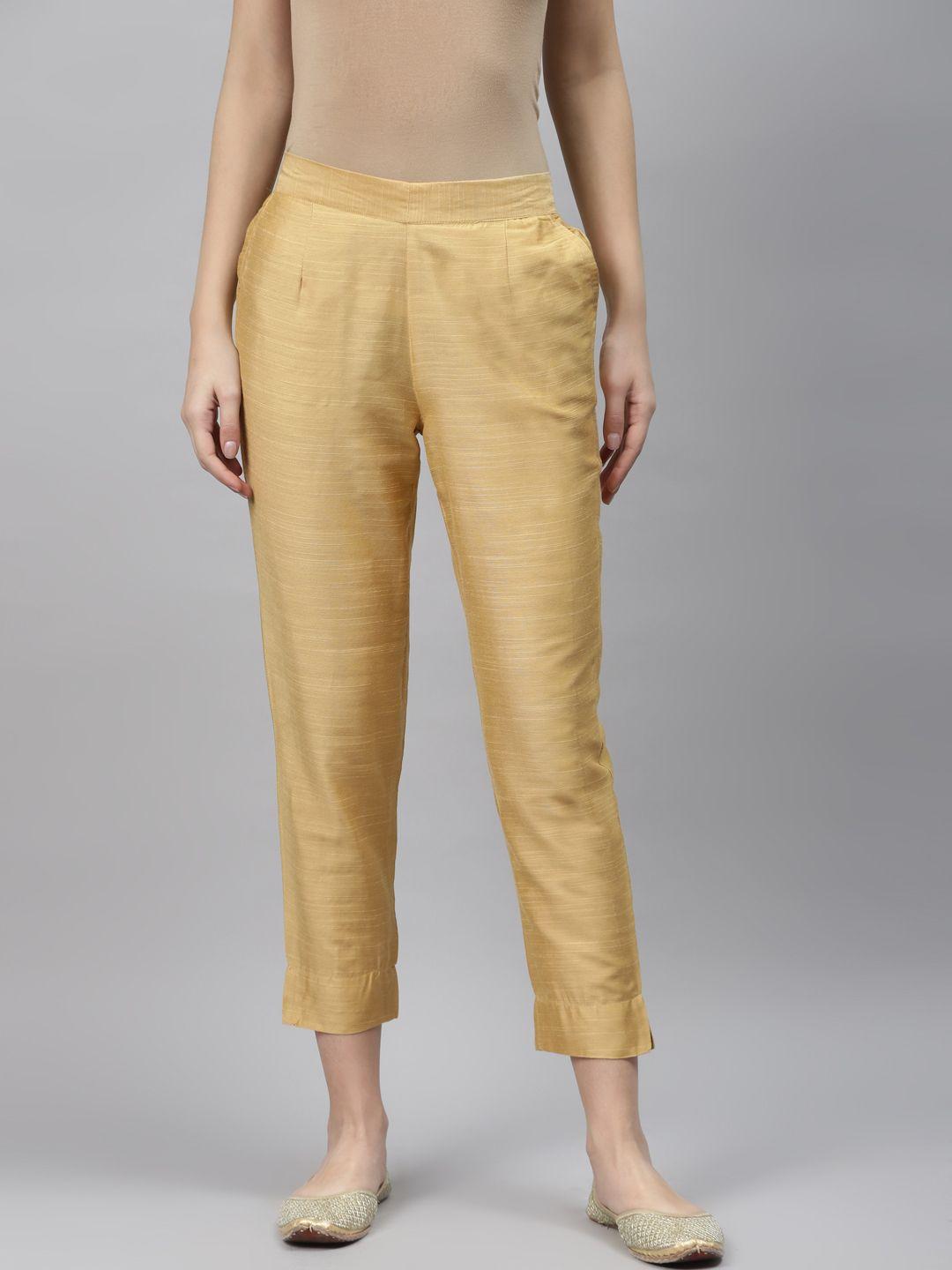 aurelia women beige regular fit self design pure cotton cropped trousers