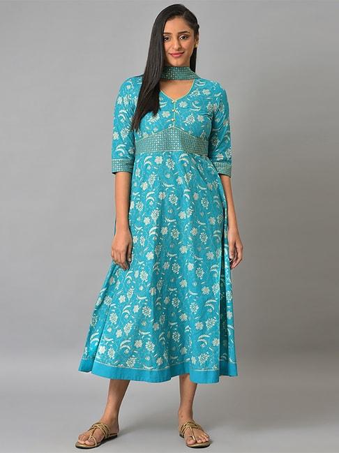aurelia women blue floral print cotton dress with dupatta