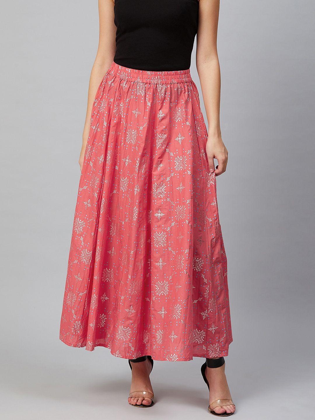aurelia women coral pink & silver printed flared maxi skirt
