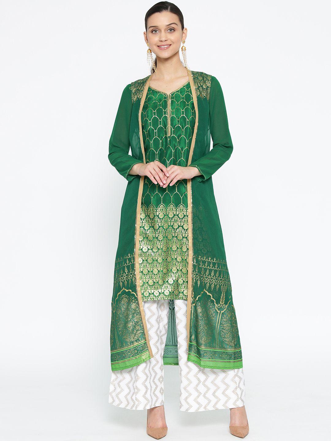 aurelia women green & golden foil print straight kurta with ethnic jacket