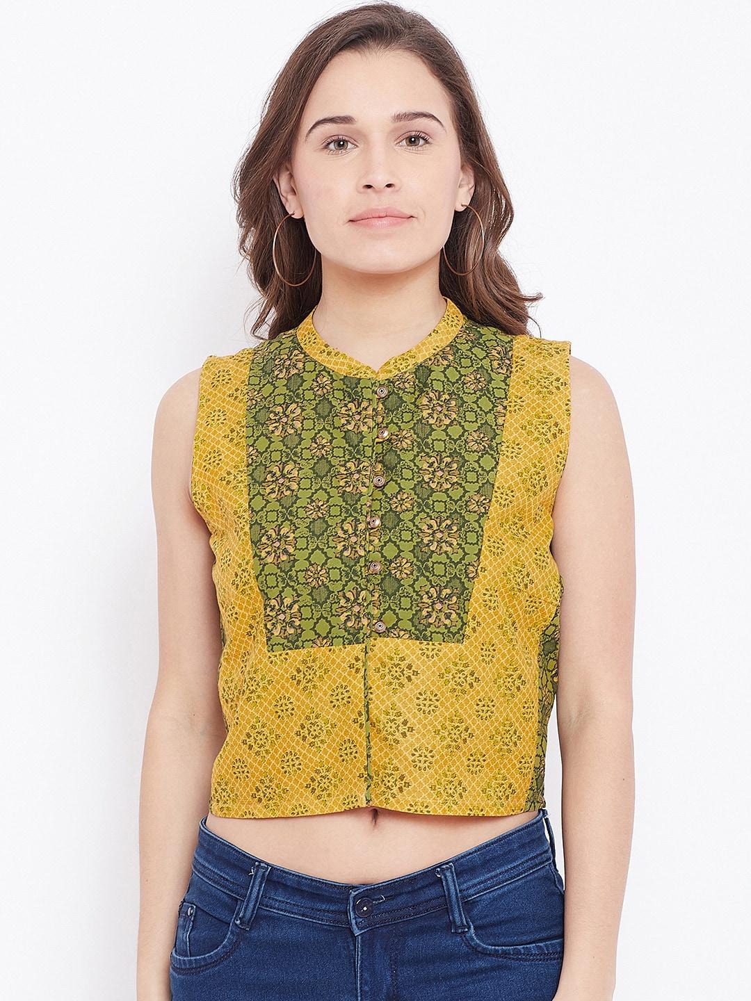 aurelia women green & mustard yellow printed crop pure cotton top