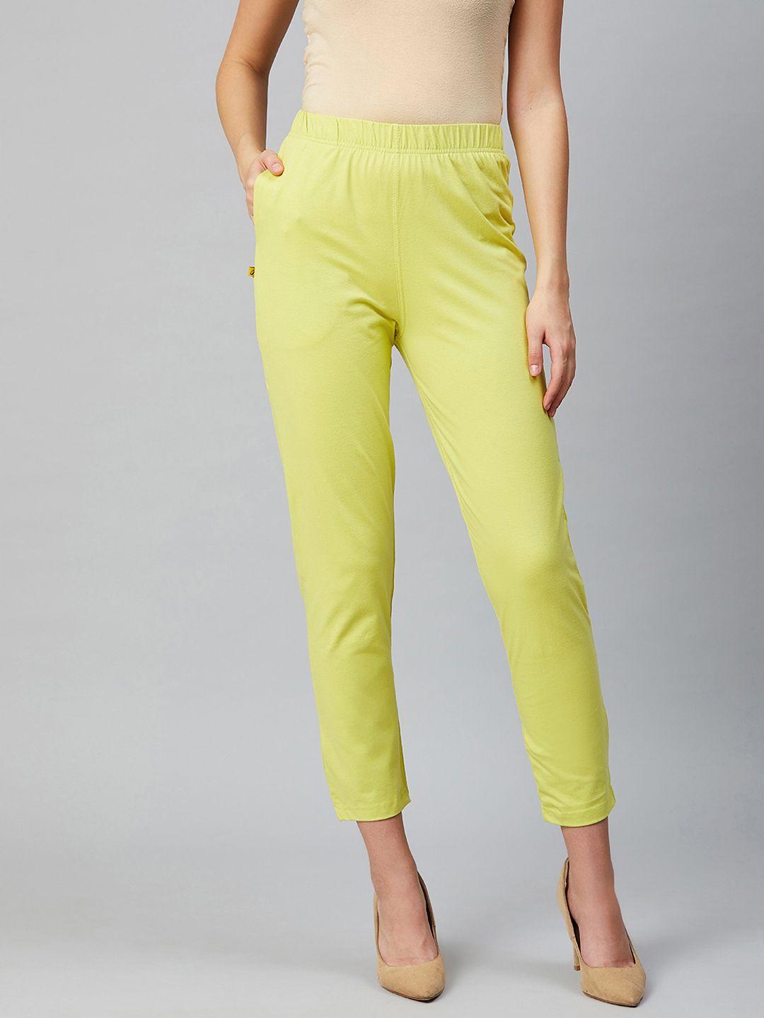 aurelia women lime green solid cropped regular trousers