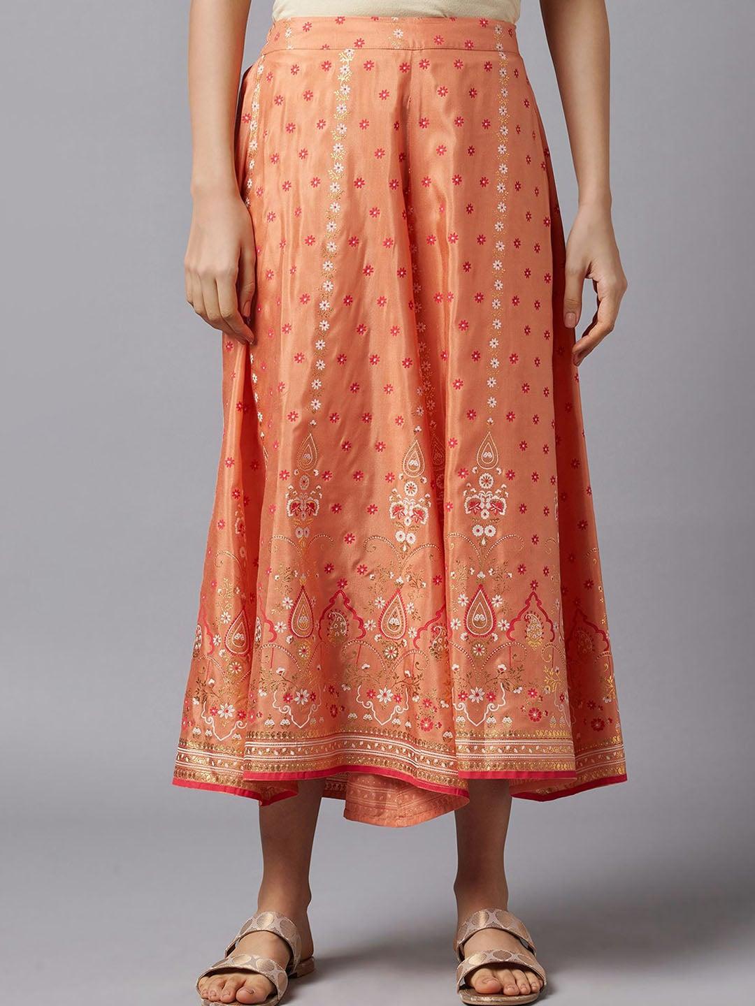 aurelia women orange ethnic motifs printed loose fit pleated culottes trousers