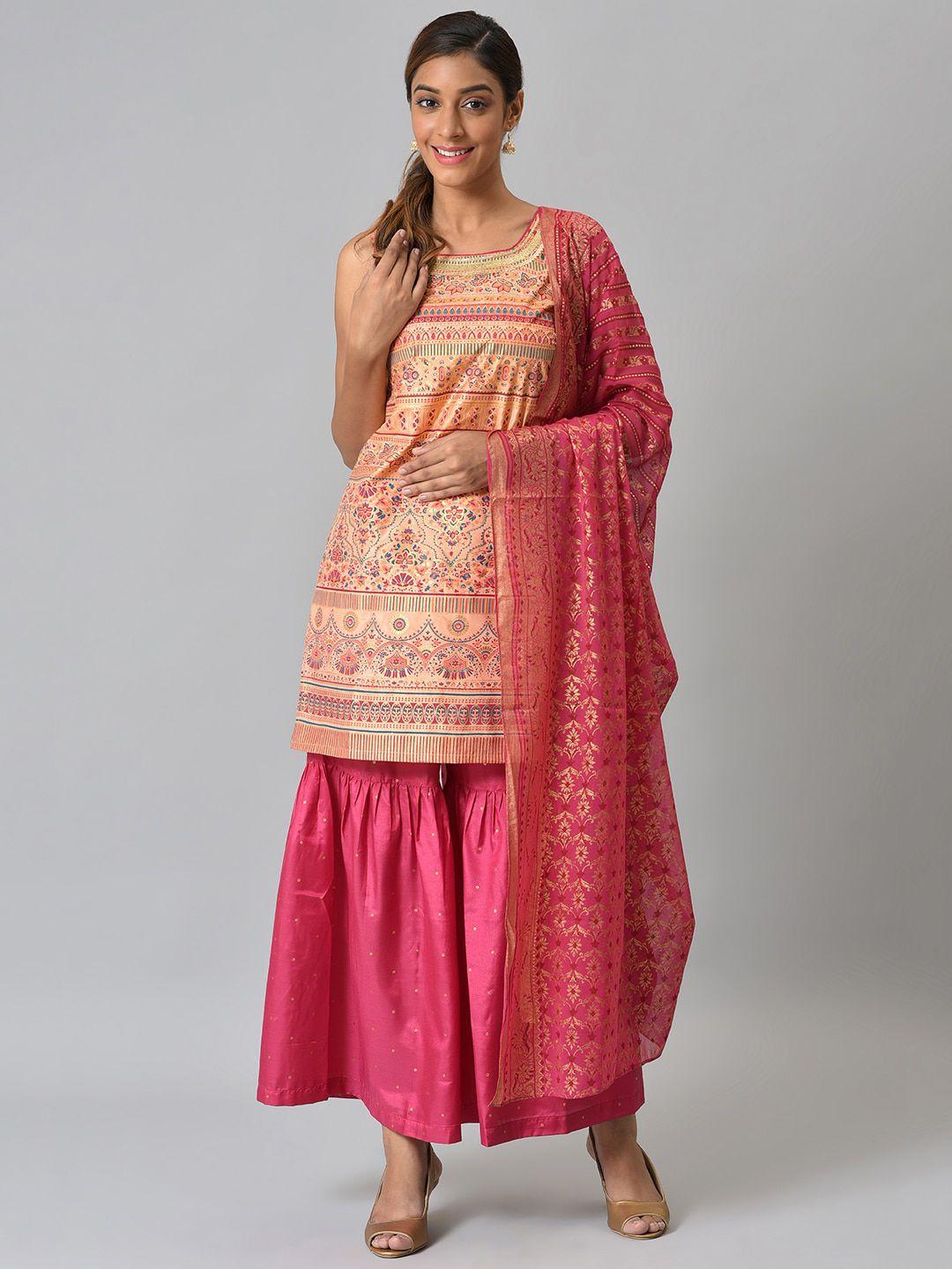 aurelia women peach & pink ethnic motifs printed kurti with sharara & dupatta