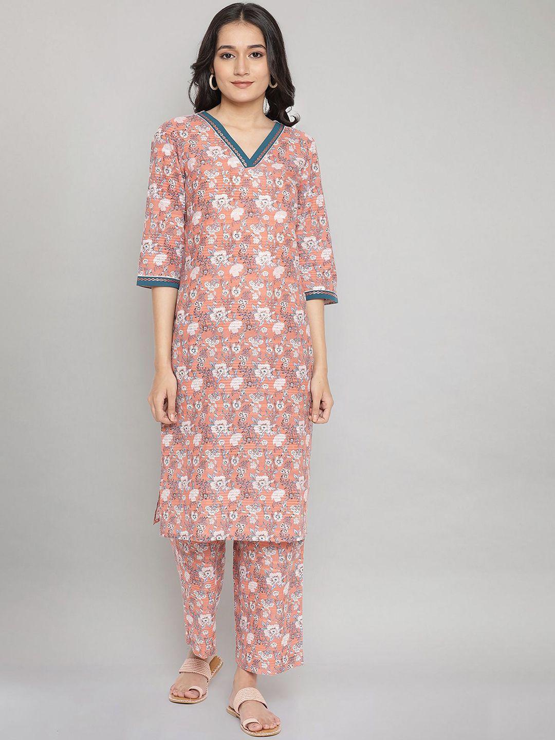 aurelia women peach-coloured floral printed pure cotton kurta with trousers