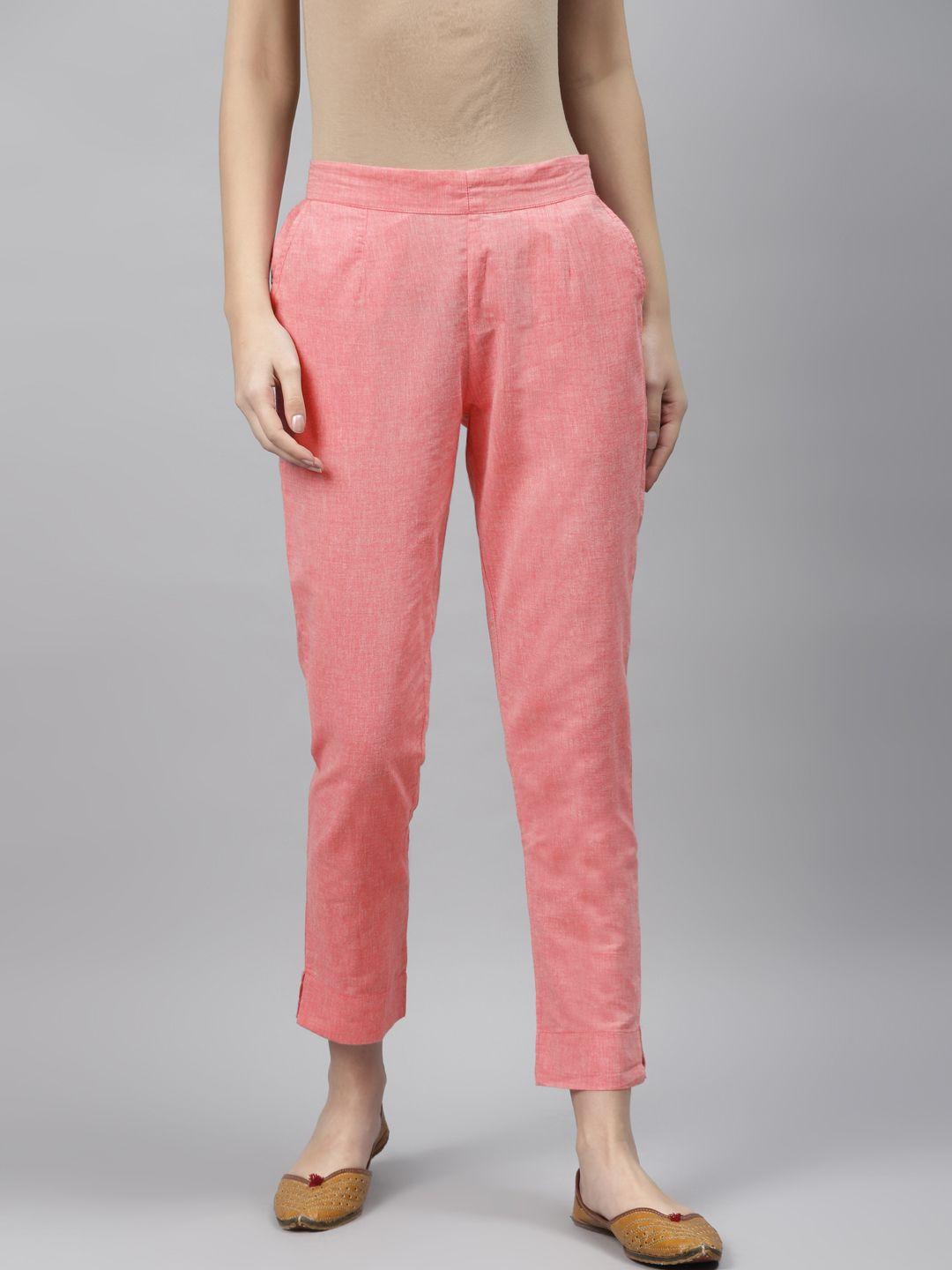 aurelia women pink easy wash regular fit solid pure cotton cropped trousers