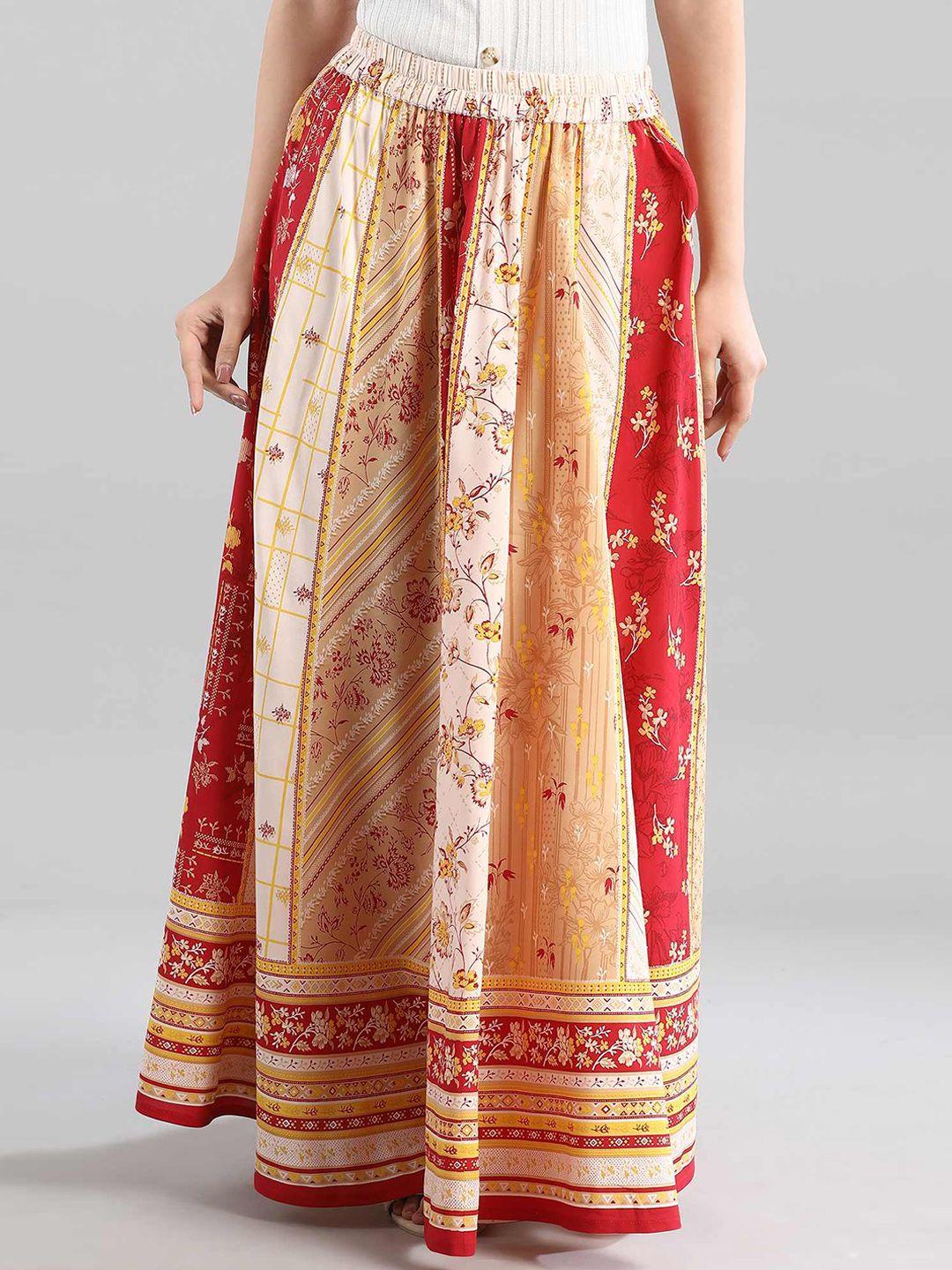 aurelia women red & beige printed flared maxi skirt