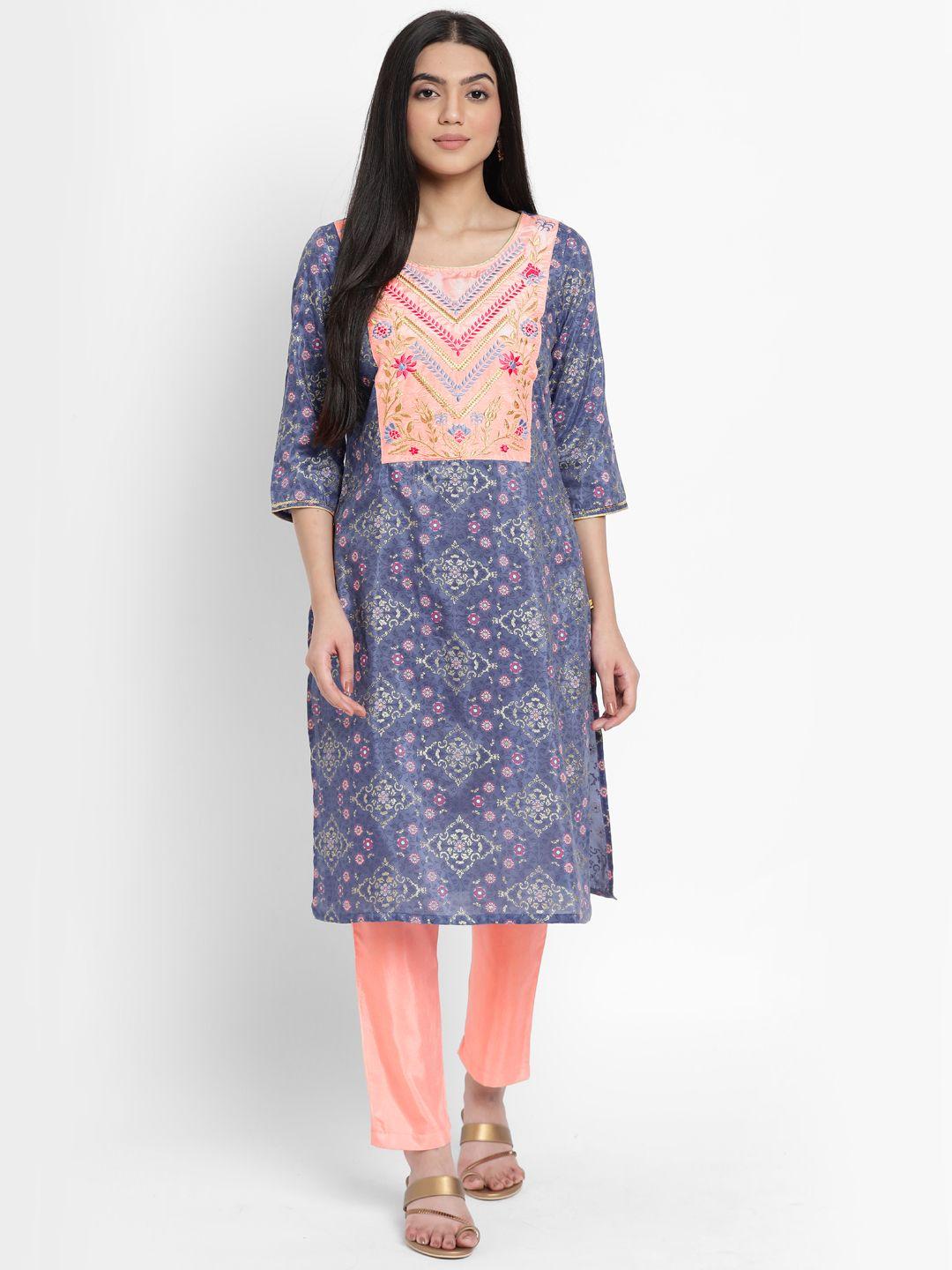 aurelia - the aure collection women blue & peach-coloured mughal print zari embroidered kurta with trousers