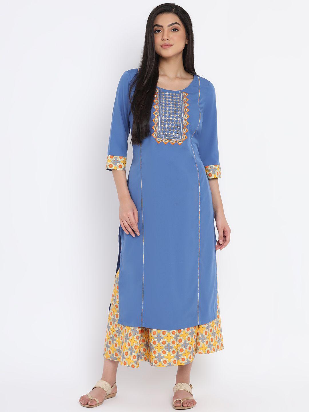 aurelia - the aure collection women blue yoke design regular kurta with trousers