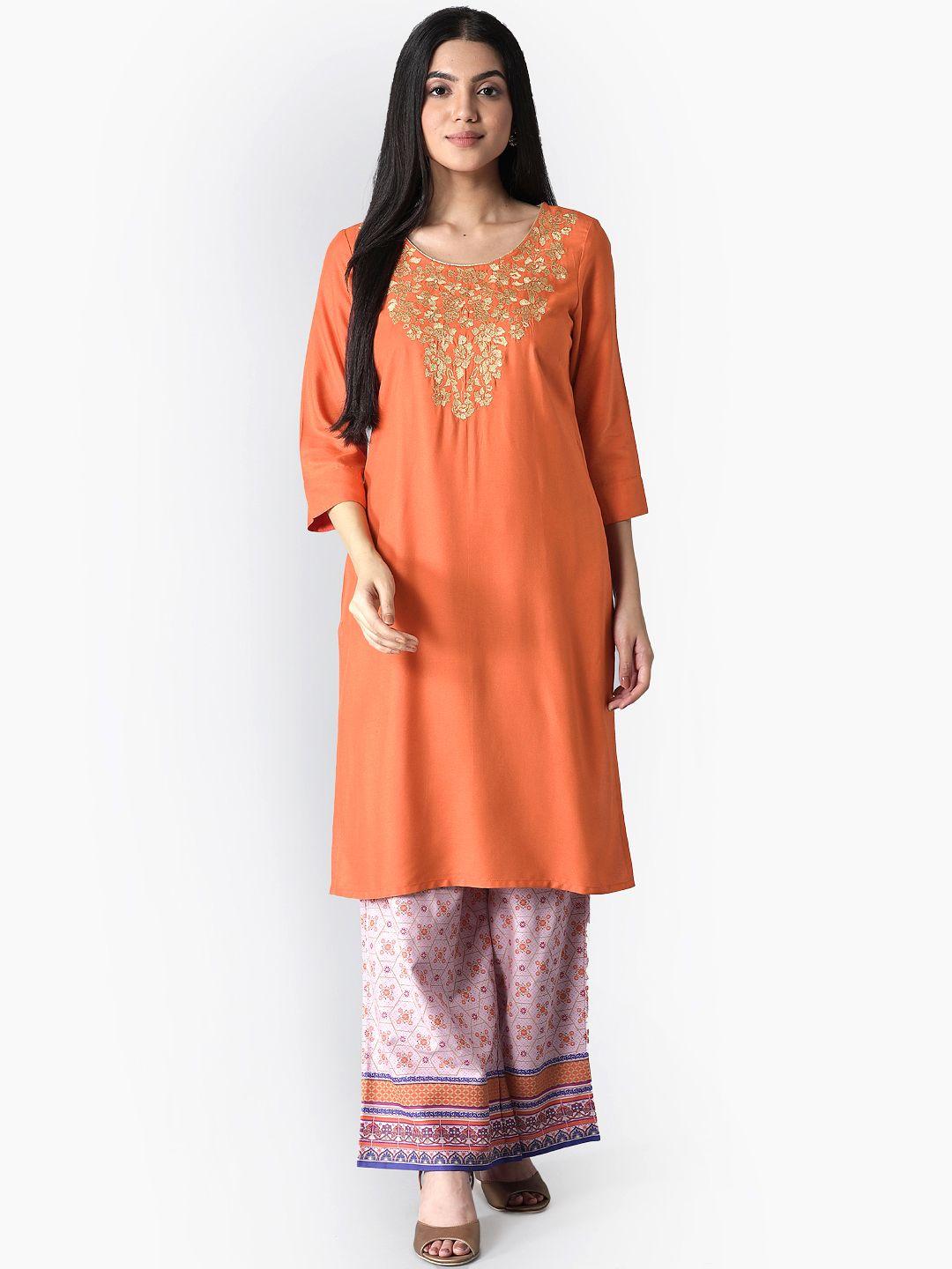 aurelia - the aure collection women orange & purple ethnic motifs embroidered regular kurta with palazzos