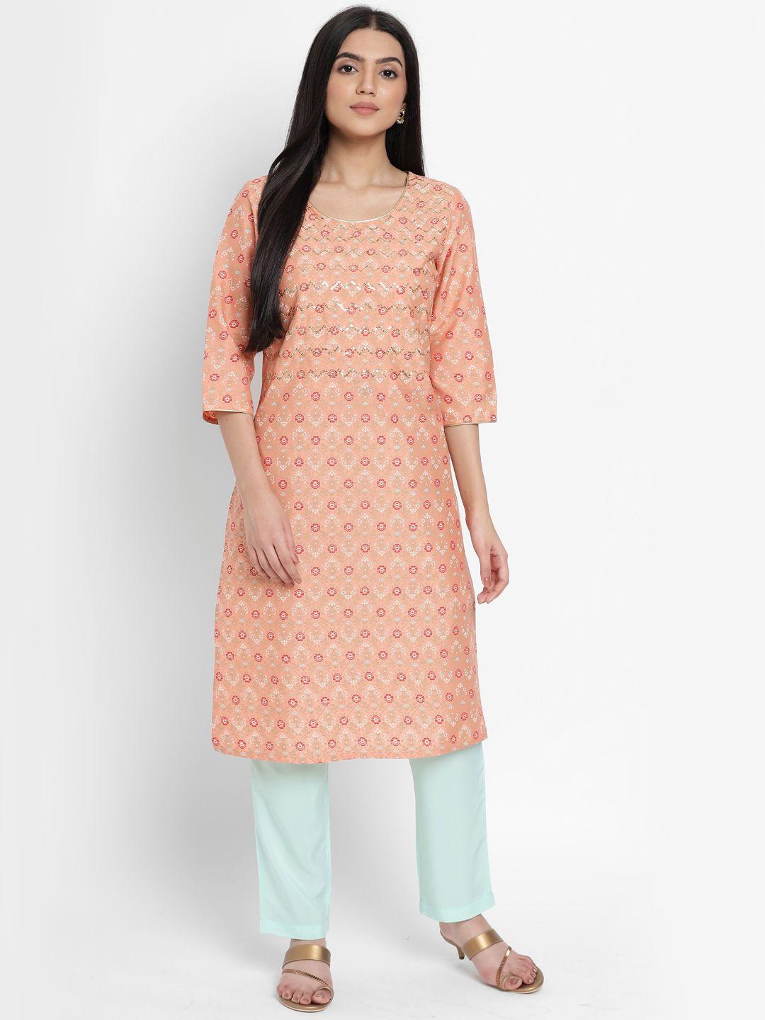 aurelia - the aure collection women peach-coloured & green ethnic motifs embroidered kurta with trousers
