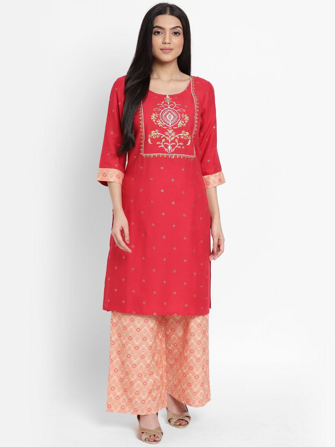 aurelia - the aure collection women pink ethnic motifs embroidered kurta with palazzos