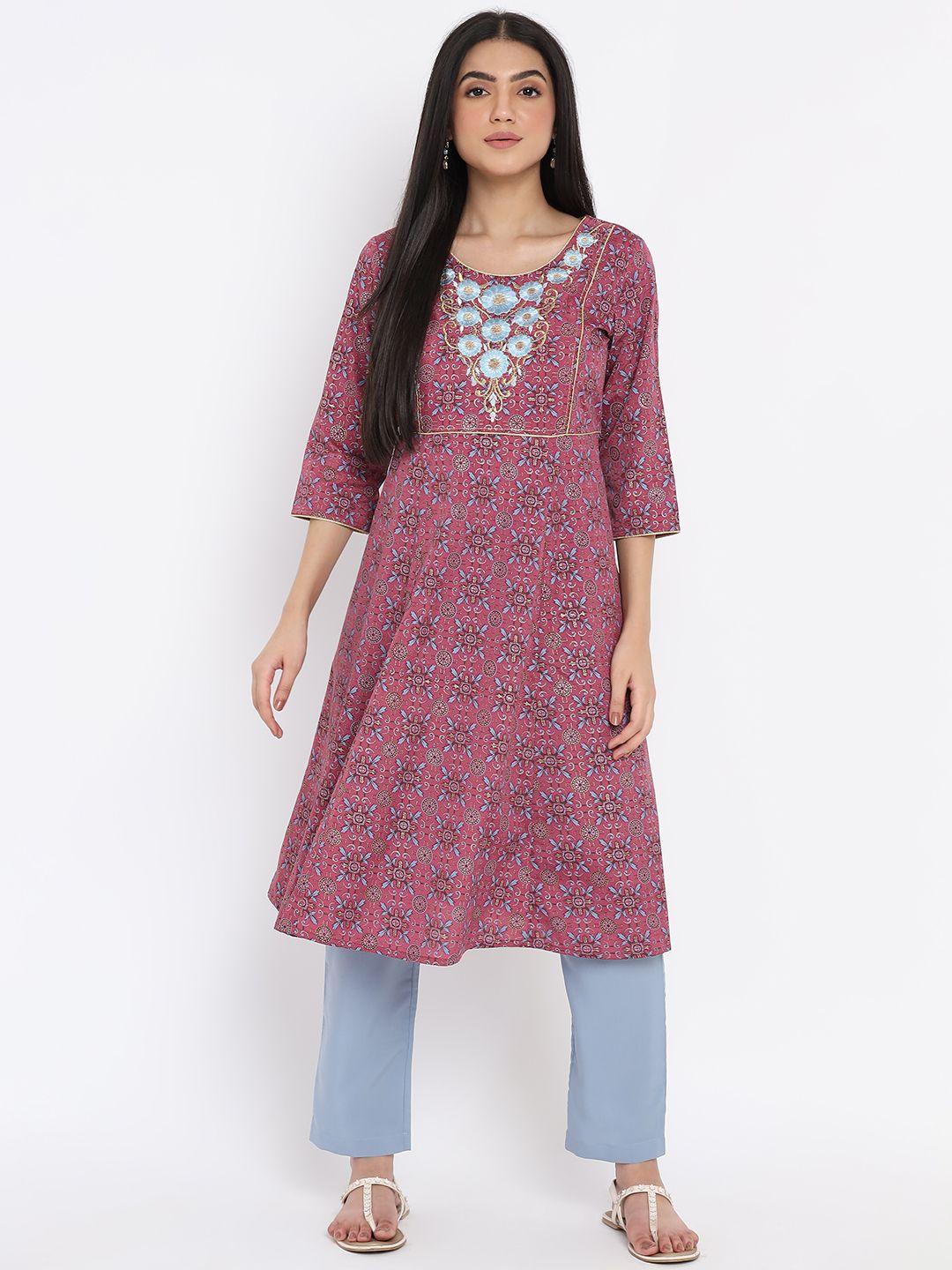 aurelia - the aure collection women purple & blue ethnic motifs printed regular kurta with trousers