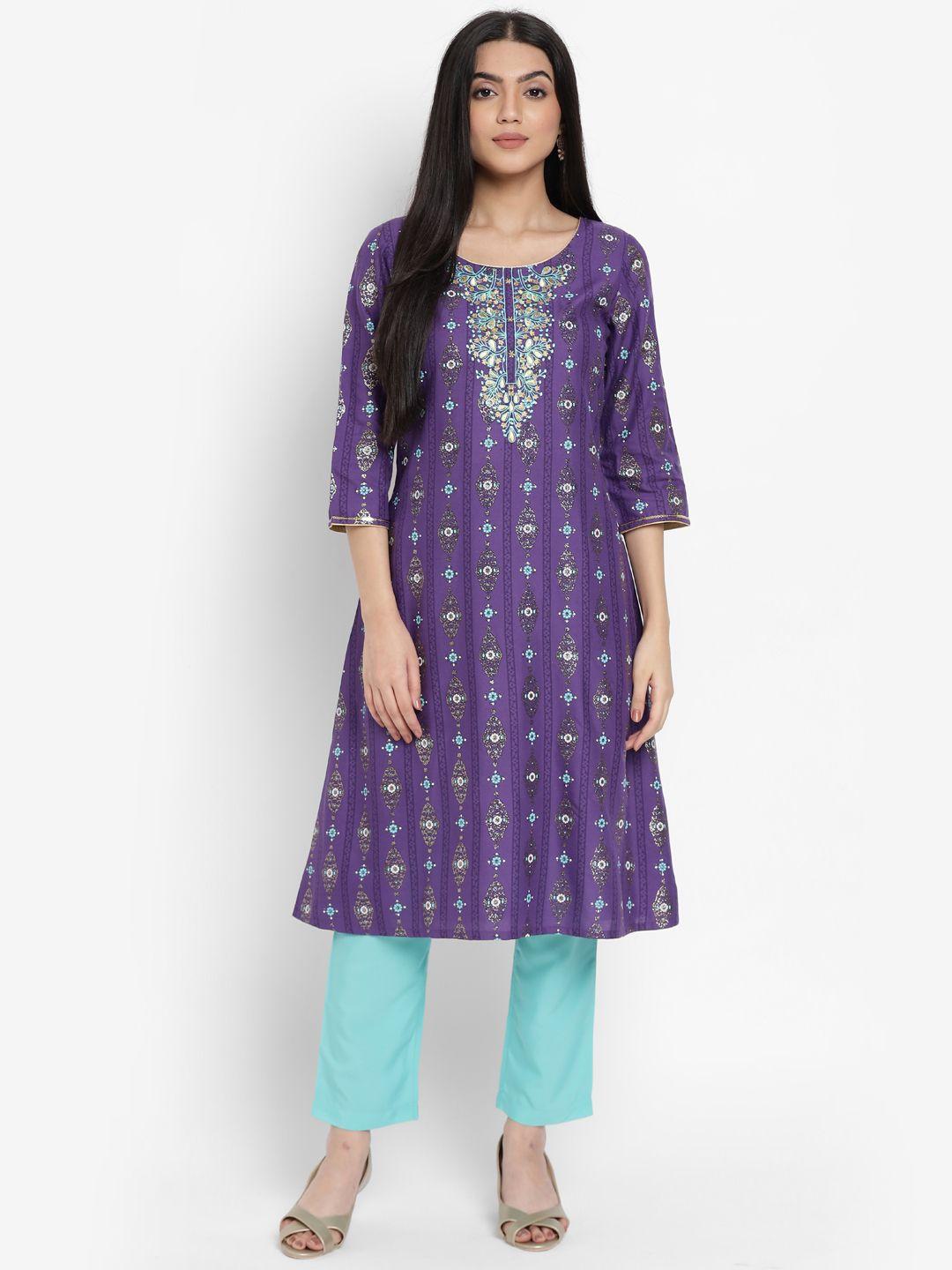 aurelia - the aure collection women purple ethnic motifs printed regular kurta with trousers