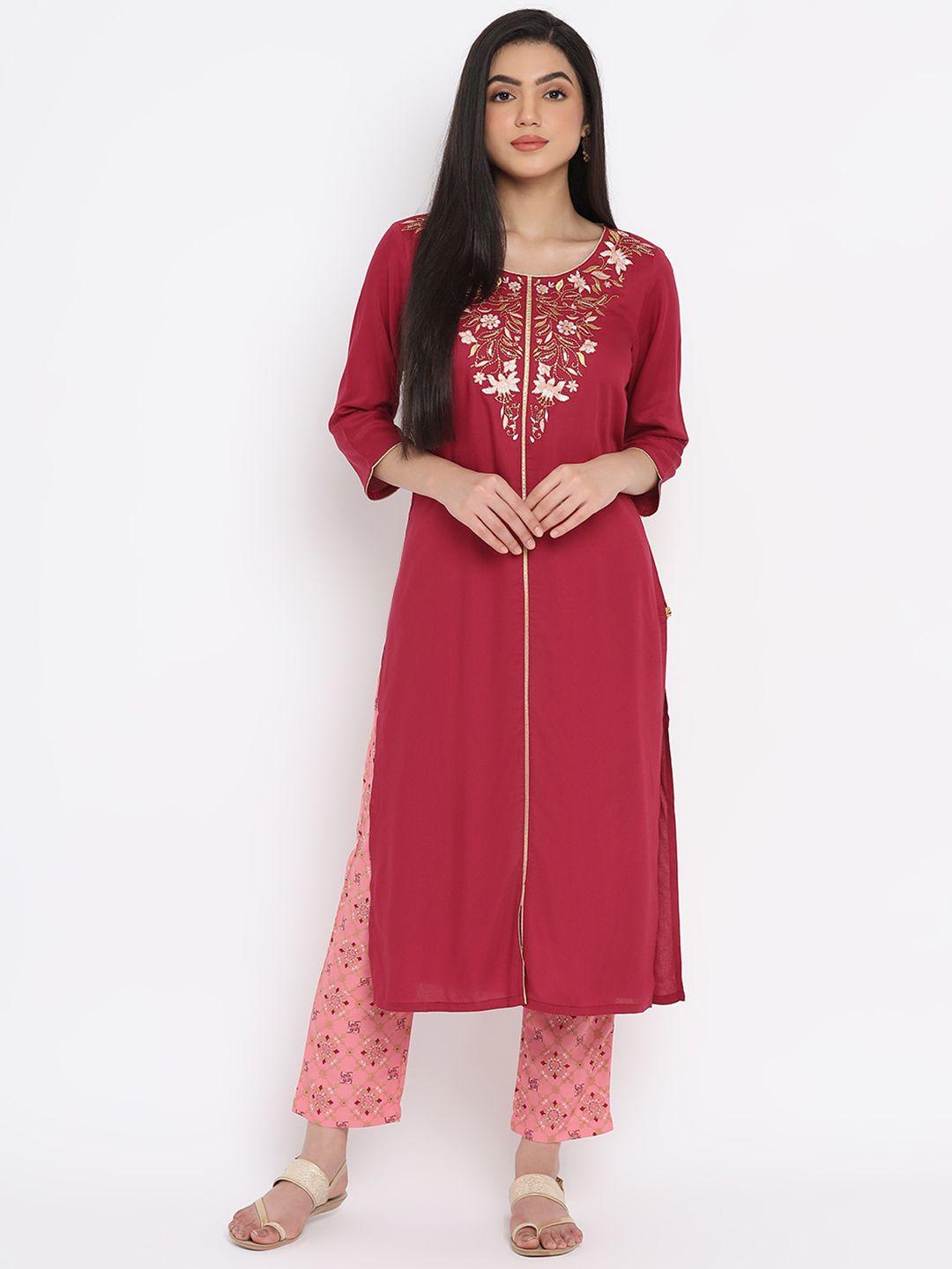 aurelia - the aure collection women red yoke design regular kurta with trousers