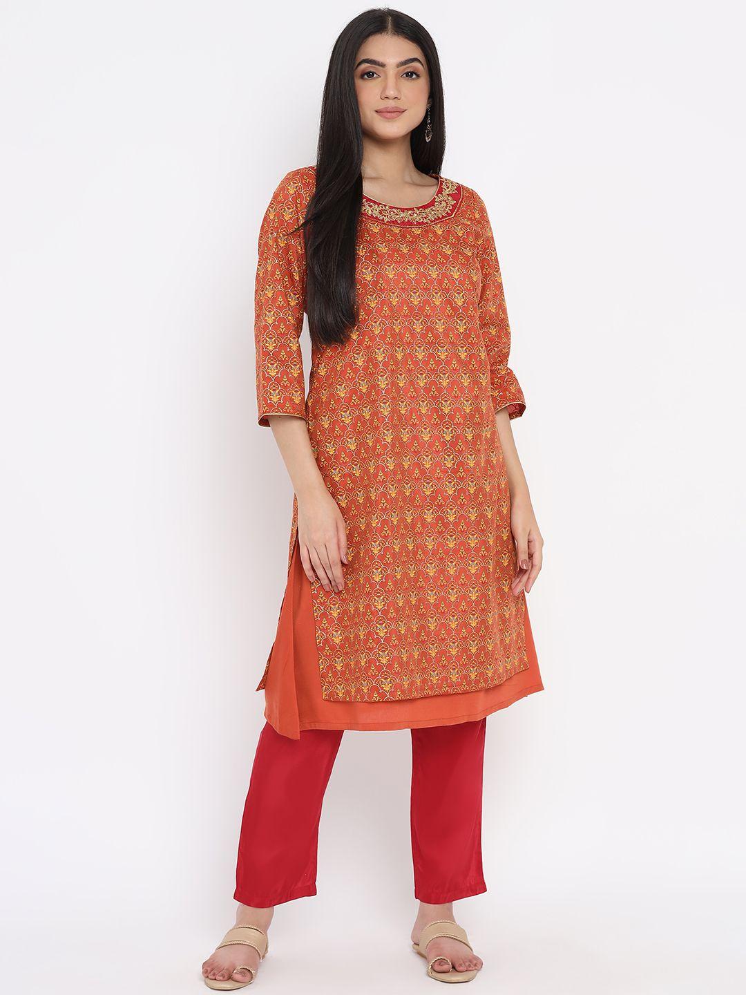 aurelia - the aure collection women rust orange ethnic motifs embroidered layered kurta with trousers