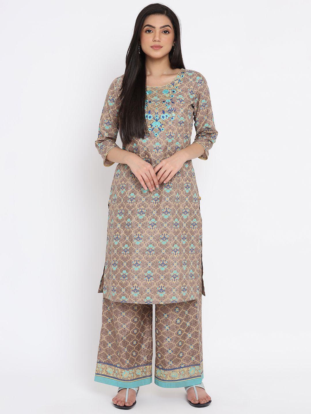 aurelia - the aure collection women taupe & beige ethnic motifs mughal print regular kurta with palazzos