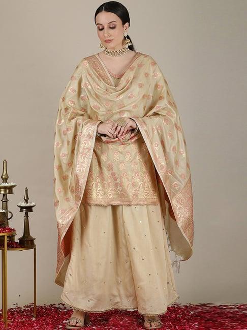 aurelia beige woven pattern kurti palazzo set with dupatta