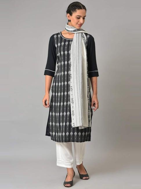 aurelia black & white cotton embroidered kurta pant set with dupatta