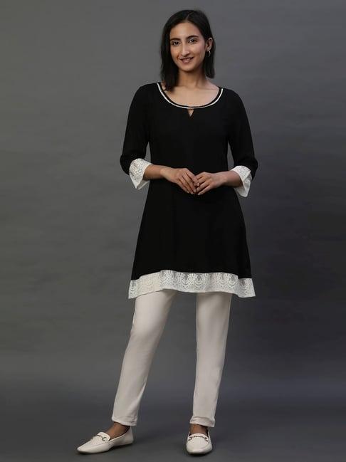 aurelia black woven pattern a line short kurti