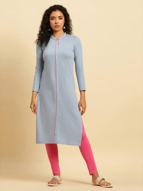 aurelia blue& pink woven pattern kurta tight set