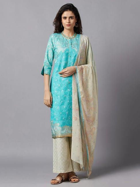 aurelia blue & beige kurta with palazzo & dupatta