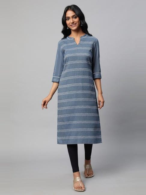 aurelia blue & black cotton embroidered kurta pant set