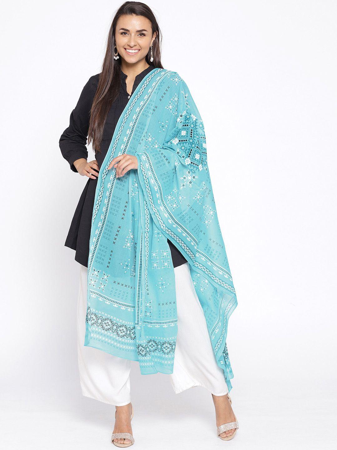 aurelia blue & black printed pure cotton dupatta